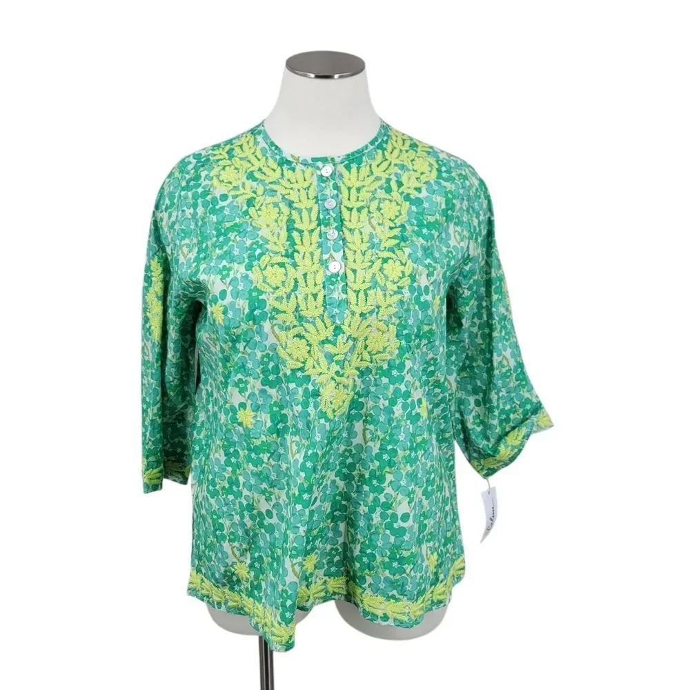 Calessa Poplin Cotton Green and Yellow Floral Embroidered Tunic Top Blouse NWT